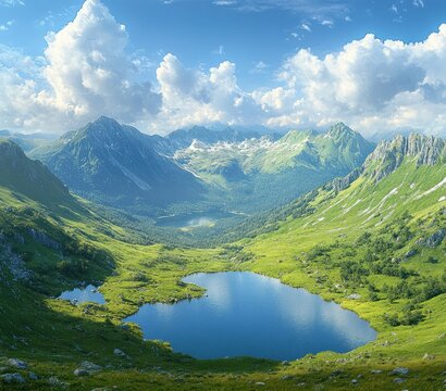 Scenic view of serene mountain lakes surrounded by lush green valleys and rugged peaks under a bright blue sky with fluffy white clouds