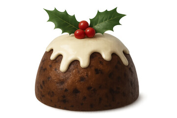 Christmas pudding with cream sauce and holly sprig, traditional holiday dessert for festive celebrations on transparent background