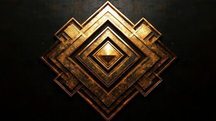 Rustic golden metallic geometric abstract design featuring layered diamond shapes with a textured aged surface on a dark background