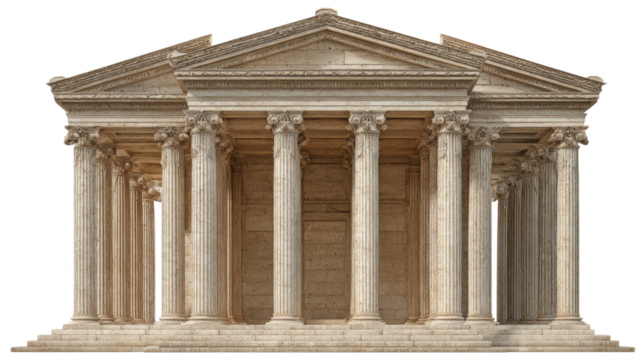 Ancient stone temple with tall columns classical architecture historic landmark detailed front view isolated on white background