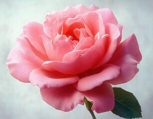 Softly illuminated large pink rose in full bloom with delicate petals and single green leaf against a neutral background conveying calm elegance