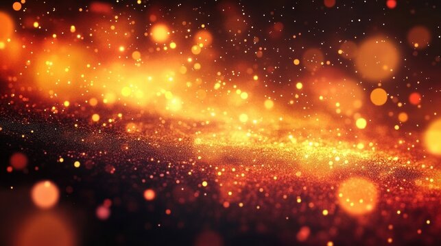Abstract glowing golden and orange particles scattered in a dark space creating a shimmering and warm sparkling effect