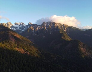 Snow-capped peaks above pine forests and blue sky