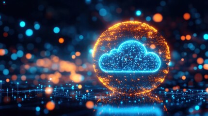 Glowing digital cloud icon within a vibrant orange holographic sphere floating above a network grid with blue and orange light bokeh background, symbolizing cloud computing and connectivity