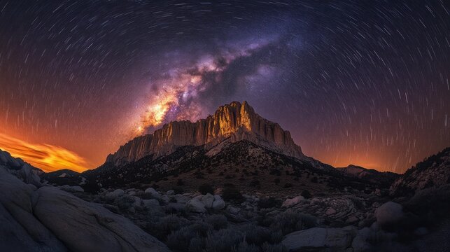 Starry night sky with vibrant milky way and star trails over illuminated mountain landscape at sunset