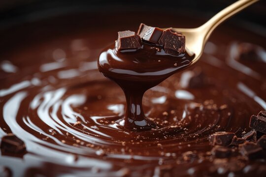 Close-up of a golden spoon lifting glossy melted chocolate with chunks over a swirling pool of rich dark chocolate, evoking indulgence and luxury