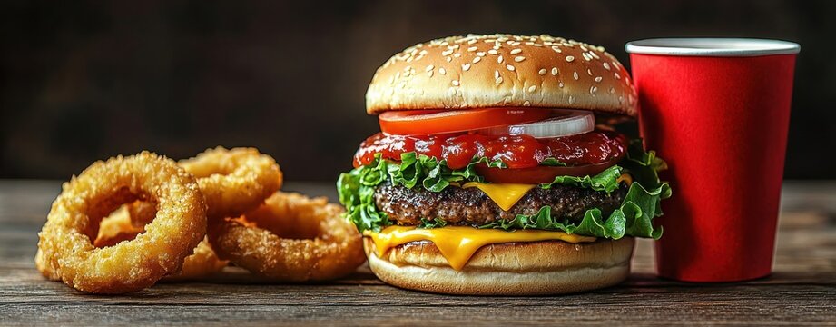Juicy cheeseburger with lettuce, tomato, onion, ketchup, sesame seed bun, served with crispy onion rings and a red beverage cup on wooden surface