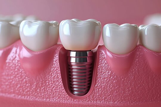 Close-up view of a dental implant integrated in the gum between natural teeth, showing detailed tooth structure and gum texture in a clean medical illustration - Powered by Adobe