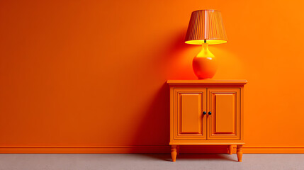 Orange Hued Ambiance: An artistic rendering presents a room, an orange lamp casts a warm glow upon a matching cabinet against a solid orange wall, creating a simple and harmonious composition.