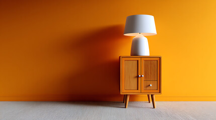 Retro Furniture Elegance: A stylish, mid-century modern lamp illuminates a wooden cabinet against a vivid orange wall, creating a serene and warm ambiance in a carefully designed space.