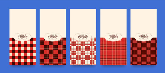 Minimal red plaid pattern background collection with elegant label design for Christmas greeting cards, festive wrapping paper, and holiday decoration themes.