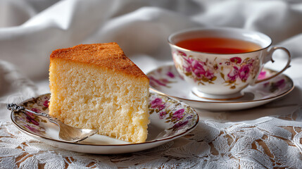 Delicate Slice and Floral Tea: A soft slice of cake, paired elegantly with a floral teacup on a delicate saucer, offering a serene moment of indulgence.
