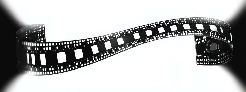 Curved black and white photographic film strip floating over white background with dramatic lighting creating a high contrast effect - Powered by Adobe