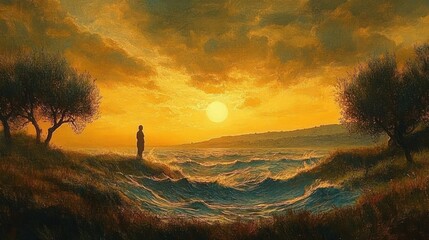 silhouetted figure standing on grassy shore overlooking turbulent sea under golden sunset sky with dramatic clouds and distant coastline