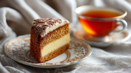Delightful Cake & Tea Moment: A delectable slice of cake sits beside a warm cup of tea, a perfect combination for a moment of serene enjoyment.