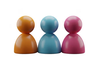 A three-dimensional image of three colorful figures standing side by side on a transparent background. The three colorful game pieces represent teamwork and people in a team environment