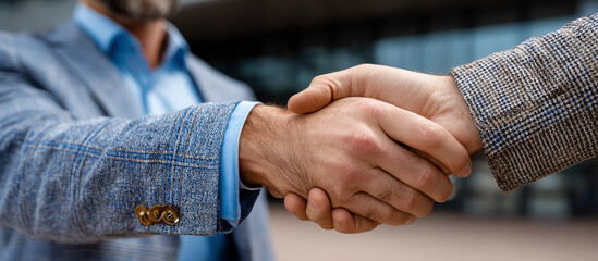 Deal Sealed: A close-up shot of two people in tailored suits exchanging a firm handshake, symbolizing partnership and a completed agreement in a professional setting.