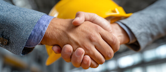 Construction Deal: A firm handshake sealed with a symbol of safety. two men closing a deal, embodying collaboration and shared commitment to safety and construction success.