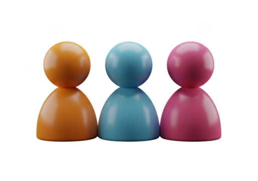 A three-dimensional image of three colorful figures standing side by side on a transparent background. The three colorful game pieces represent teamwork and people in a team environment - Powered by Adobe