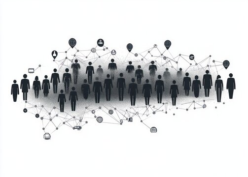 Silhouettes of diverse people interconnected by a network of lines and icons symbolizing communication and technology
