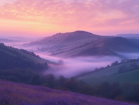 Peaceful rolling hills covered in early morning mist under a soft pastel purple and pink sunrise sky