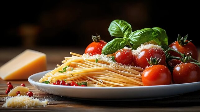 plate of uncooked spaghetti pasta garnished with fresh cherry tomatoes, basil leaves, grated cheese, and peppercorns on wooden table with cheese block in background