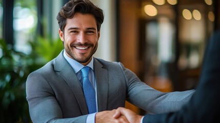 smiling businessman in grey suit and blue tie shaking hands in modern office setting with natural light and blurred background