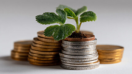 Invest in Growth: A vibrant young plant thrives atop a stack of coins, symbolizing financial growth and prosperity.