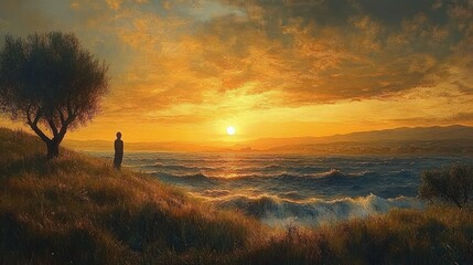 A solitary figure standing on a grassy hill watching a dramatic sunset over a turbulent sea with waves crashing and a partly cloudy sky