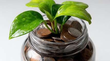 Growing Wealth: A vibrant young plant sprouts from a jar overflowing with coins, symbolizing financial growth, investment, and the blossoming of opportunity.