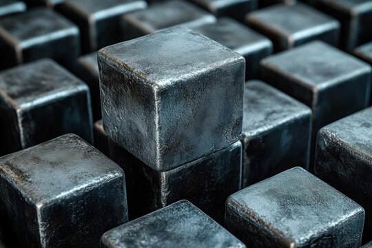 Close-up of multiple textured metallic cubes arranged in a grid pattern with one cube elevated above the others, showcasing a cool industrial atmosphere