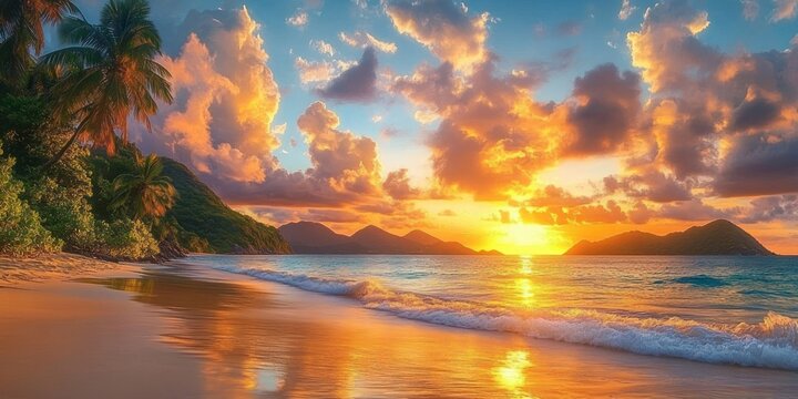 Vibrant tropical beach at sunset with golden sunlight reflecting on calm ocean waves, lush palm trees on shore, and distant mountainous islands under dramatic cloud-filled sky