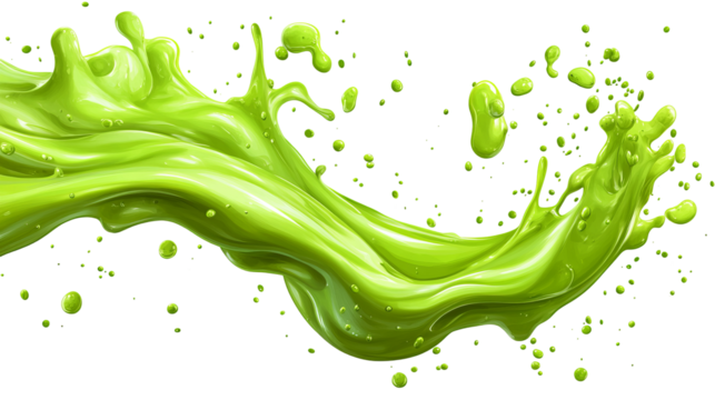 A vibrant green liquid splash with droplets against a black background