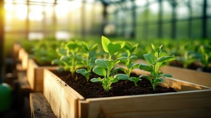 Young green seedlings growing in wooden planters inside a sunlit greenhouse with bright natural light