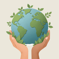 Hands holding planet earth with green leaves symbolizing environmental care.