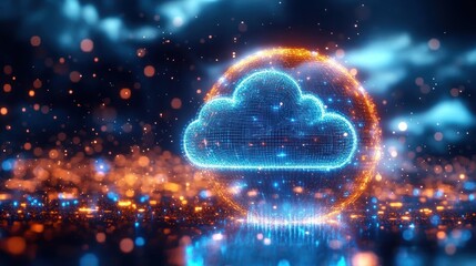 Glowing digital cloud icon inside a bright spherical grid with vibrant blue and orange lights and bokeh effect on a dark blurred background