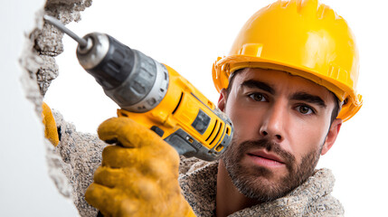 Construction worker: a focused construction worker is expertly drilling into a wall, capturing the raw energy of construction and craftsmanship. The image highlights skill and attention to detail.