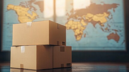 Three stacked cardboard shipping boxes placed on a wooden surface with a blurred world map in the background suggesting global shipping and logistics
