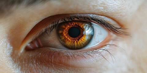 Close-up of a human eye with a vibrant amber iris showing detailed textures and eyelashes, conveying focus and intensity