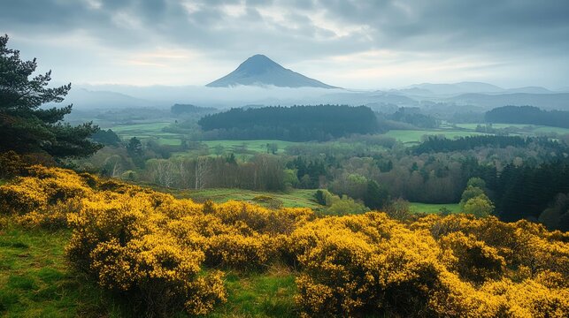 misty landscape with distant conical mountain surrounded by forests and yellow flowering bushes under cloudy sky - Powered by Adobe