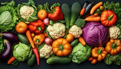 Assortment of fresh colorful vegetables including orange bell peppers, cauliflower, carrots, cabbages, zucchini, eggplants, red onion, lettuce, and purple cabbage arranged on a dark surface