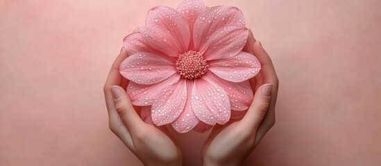 Close-up of two hands gently holding a large pink flower with water droplets on petals against a soft pink background