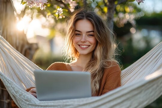 Young woman smiling while sitting on a hammock outdoors using a laptop with sunlight and blossoming tree in the background