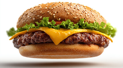 Appetizing Burger Delight: A mouthwatering, perfectly crafted burger features a juicy patty nestled between a toasted sesame seed bun, complemented by melted cheese and fresh lettuce.