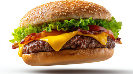 Delectable Hamburger: A tempting close-up of a juicy hamburger. A thick, perfectly cooked beef patty is complemented by melted cheese, crispy bacon, fresh lettuce.