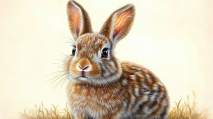 Obraz premium Close-up of a small brown rabbit with detailed fur and alert expression sitting among light grass on a plain background