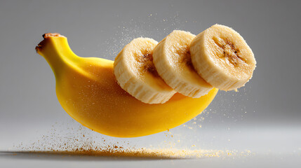 Banana Slices Floating: A vibrant yellow banana, partially sliced, floats in mid-air, with meticulously detailed rings. Capturing freshness and fruitiness. 