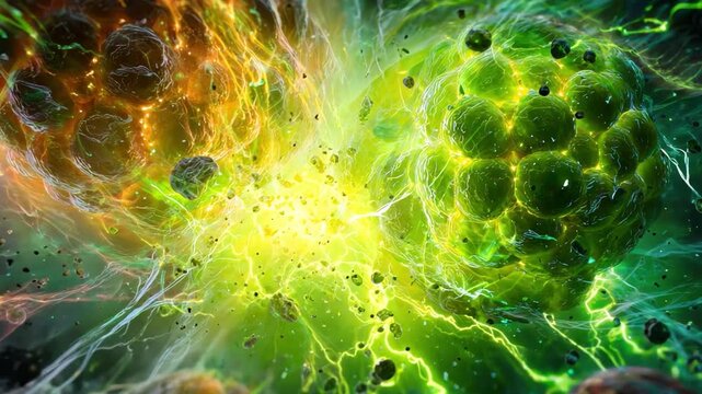 Microcosmic Burst: An abstract, close-up view reveals an explosion of vibrant, otherworldly energy, with bioluminescent spheres against a backdrop of swirling light and color. 