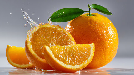 Zesty Citrus Splash: a vibrant photograph of fresh oranges, sliced to reveal their juicy interior, with a dynamic splash of water. Capturing the essence of refreshment and vitality.