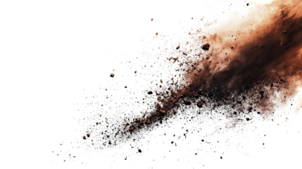 Abstract explosion of earth-toned dust and particles against a stark black backdrop